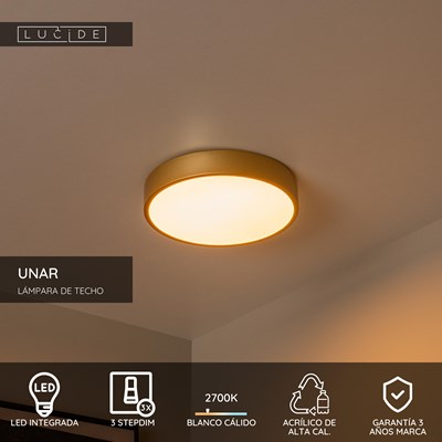 Lucide UNAR - Lámpara de techo - Ø 30 cm - LED 3 StepDim - 1x18W 2700K - Oro mate / Latón